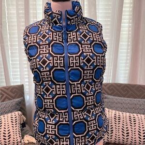 IBKUL Geometric Blue and Black Puffer Vest, reversible, size medium